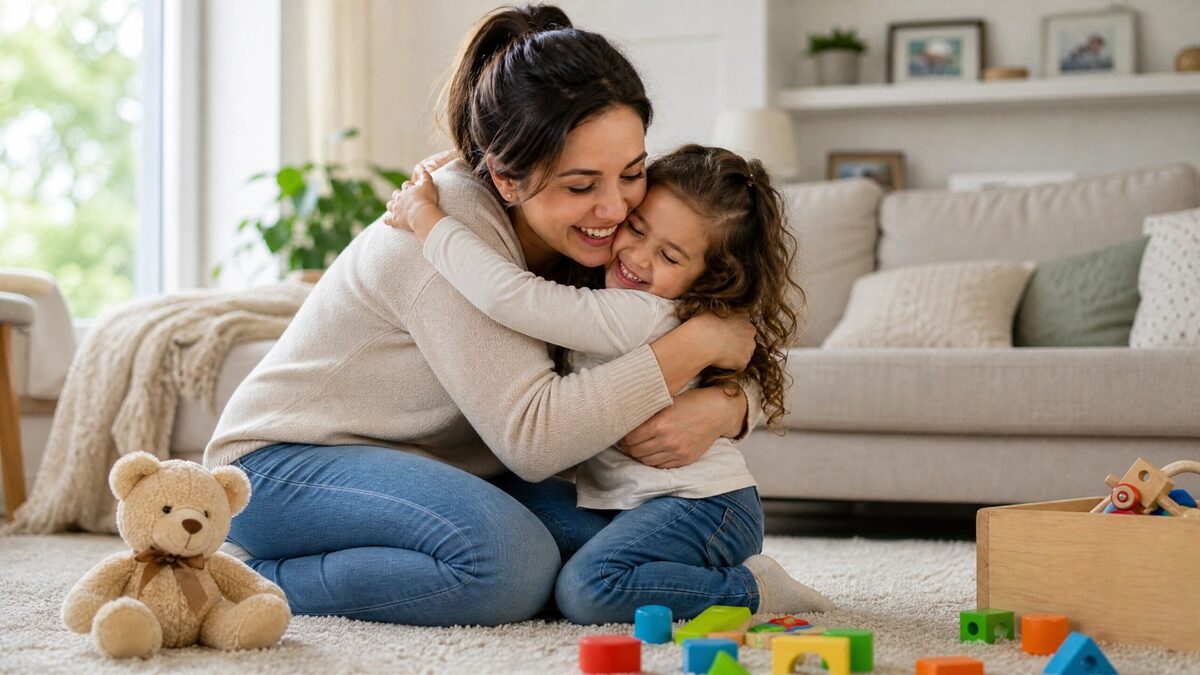 Mãe abraçando a filha no chão da sala, as duas sorrindo