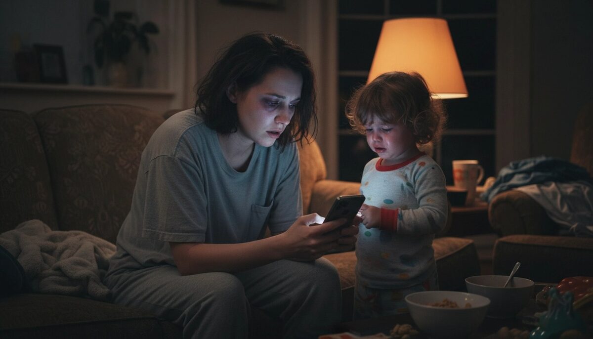 Mãe exausta no sofá à noite com a criança chorando ao lado
